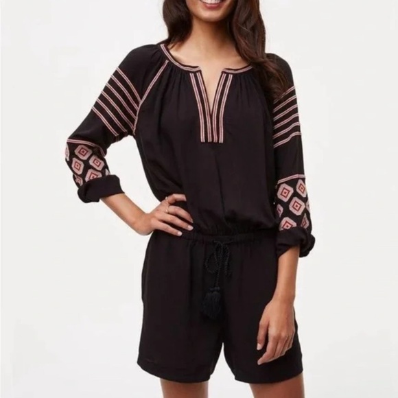 LOFT Pants - LOFT Embroidered Romper Petite Medium Long Sleeve Jumpsuit Boho Black Red